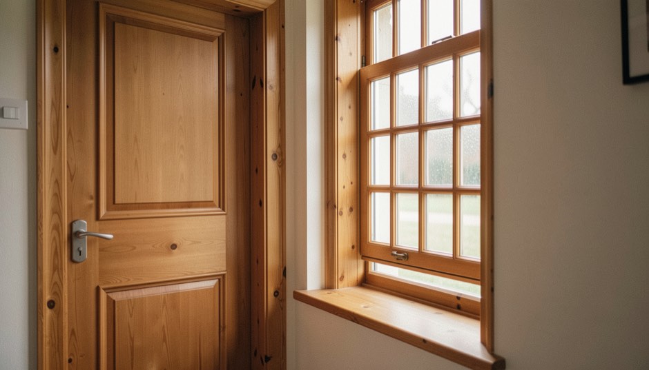 Holztür mit klassischer Füllung und geöltem Rahmen neben einem Sprossenfenster, warmes Tageslicht in einem ruhigen Flur